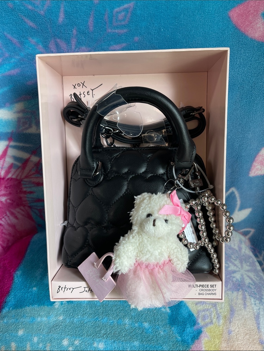 Betsey Johnson Black Quilted Mini Satchel with White Bear Charm